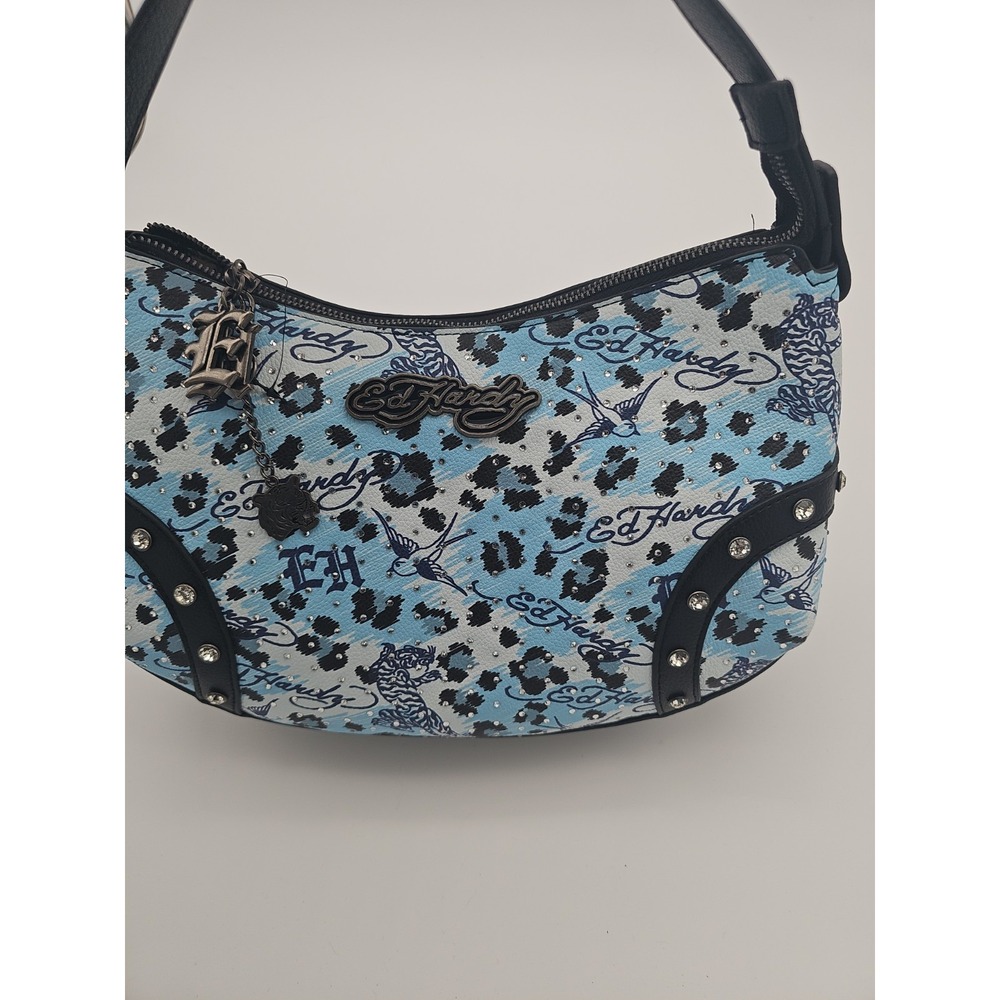 NWT Ed Hardy Studded Shoulder Bag - Blue Cheetah - Birds & Tigers - Picture 3 of 4
